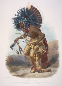 犬のダンスの衣装を着たモエニタリの戦士。ペフリスカ・ルパ 作： Karl Bodmer